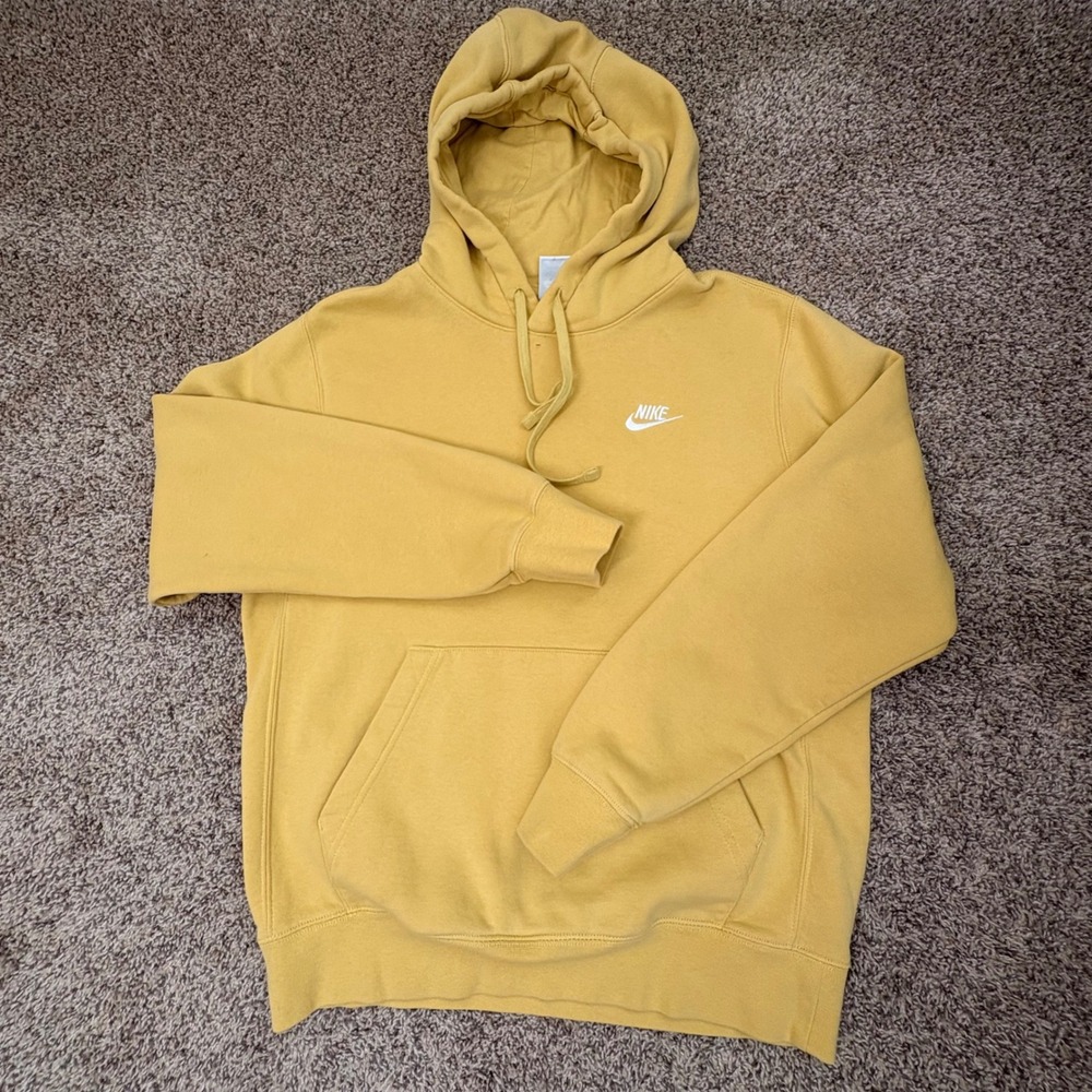 Nike Hoodie Mens Mustard Yellow Pullover Sweatshirt Logo Embroidered Casual - Picture 7 of 12